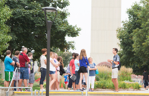Students and families attend a campus tour at UNO