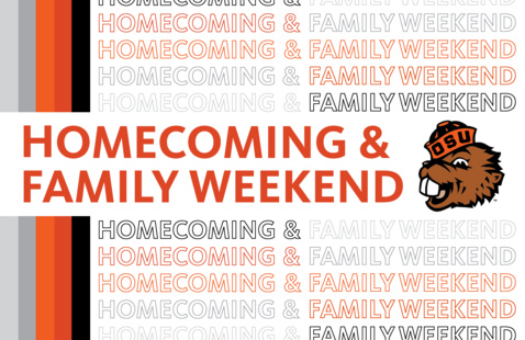Text repeating Homecoming & Family Weekend with a Beaver logo.