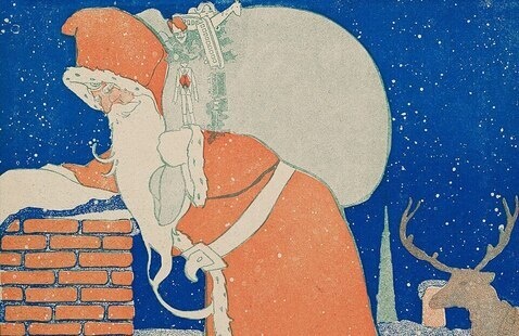 Artwork of Santa delivering presents down a chimney.