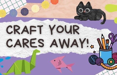 a messy collection of scrap paper, origami, a little clay kitty, and art supplies all surrounding the text "craft your cares away"