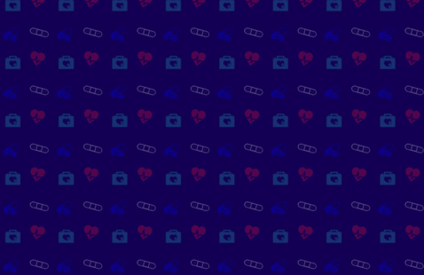 pattern of medkits, hearts, bandaids and pills against a dark blue background