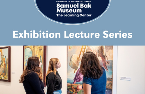 SBMLC Exhibition Lecture Series graphic. Top centered circle on a blue background, SBMLC logo. The bottom half of the graphic has a three college students looking at a Samuel Bak painting.