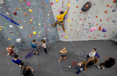 A group of students at the rock climbing wall at the Wellness and Recreation Center.