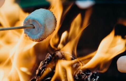 A s'more being roasted on a campfire.