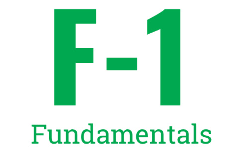 Text reads "F-1 Fundamentals" in bold green font on a white background.