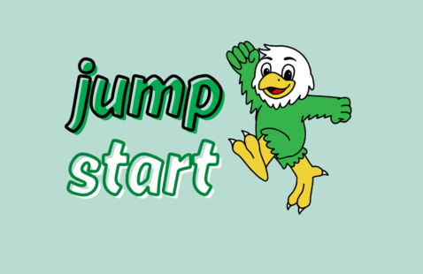 Illustration of scrappy the eagle jumping. Beside him is text that reads "Jump start."