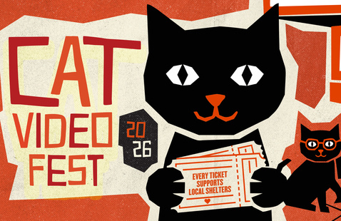 Cat Video Fest poster with graphic of smiling black cat holding ticket