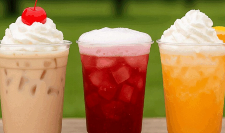 A photo of colorful drinks with ice, foam and whipped cream.