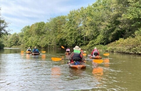 A group of kayakers float slowly across a calm lake surface. Trees with green leaves line the shoreline.
