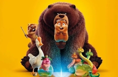 "Hoppers" film poster, showing a group of woodland creatures, including Mabel, in the form of a beaver, carried in the mouth of a bear.