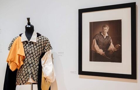 Photo of a costume used in the Utah Shakespeare Festival's 1962 production of "Hamlet" next to a photo of the actor wearing the costume.