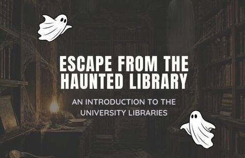 A dark and creepy library in the background with two white ghosts in the front.
