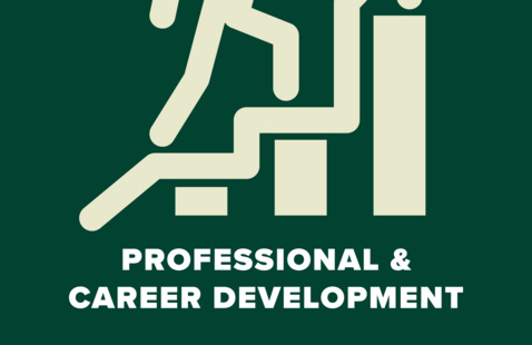 A green logo with a white figure of going up stairs