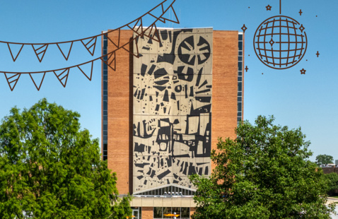 Jerome Library with disco ball and party banner