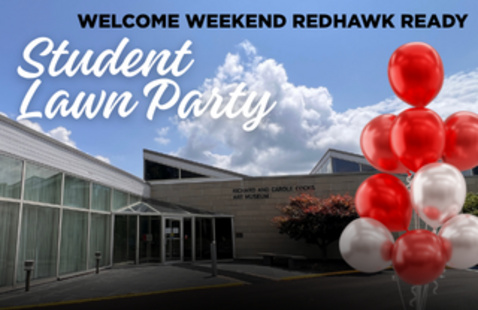 Image of front of art museum with balloons and text student lawn party