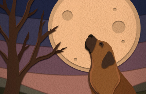 A bare tree next to a dog looking up at a full moon