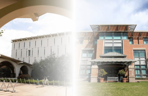 Rivera Library on the left, Orbach Library on the right. Front of the buildings featured.