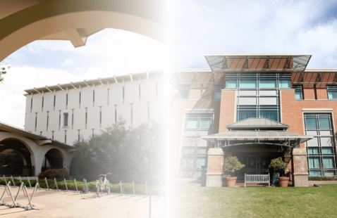 Rivera Library on the left, Orbach Library on the right. Front of the buildings featured.