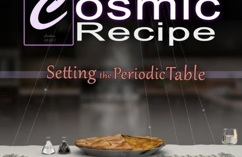Cosmic Recipe - Setting the Period Table text above a pie sitting on a table