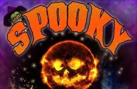 The word spooky above an sun-like image looking like a jack-o-lantern