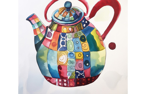 Image shows a teapot with a colorful, whimsical design.