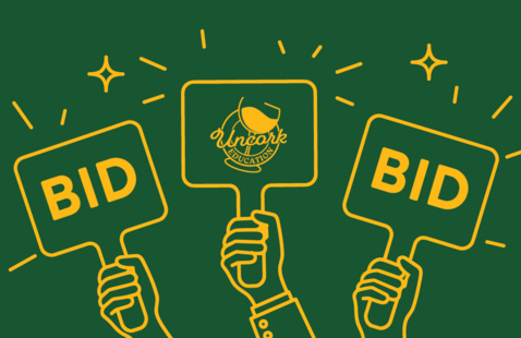 Three auction paddles on a green background, with “BID” on the side paddles and the Uncork Education logo on the center paddle.