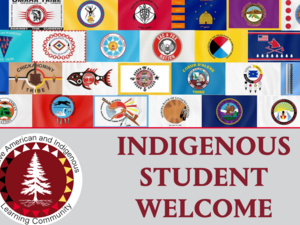 Poster with many Native American Tribal Flags, the logo for the Native American and Indigenous Learning Community and the words Indigenous Student Welcome