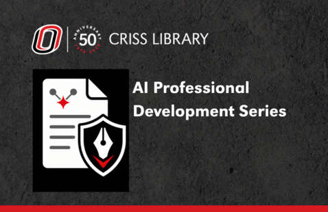 A graphic promoting the AI Professional Development Series from Criss Library, featuring a document and quill shield icon, with a 50th anniversary logo.