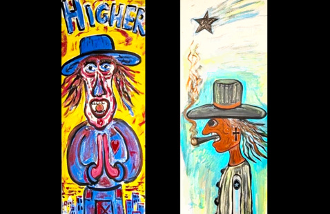 two of t-bones paintings on closet doors, figurative, one says higher power, one is a mad smoking in profile