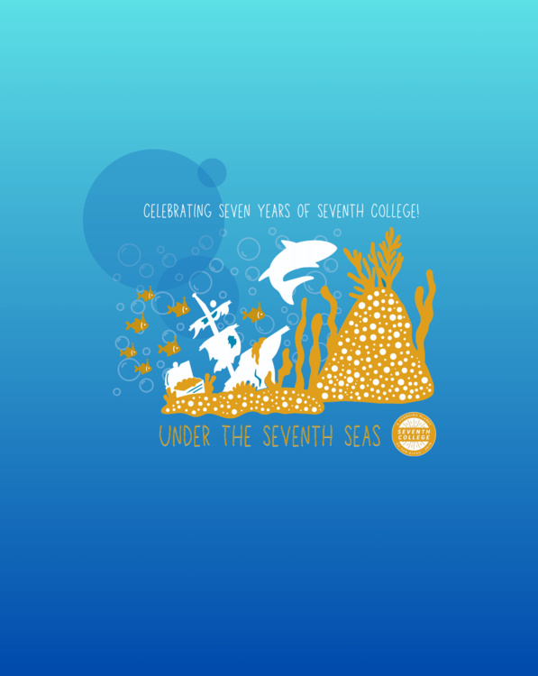 Celebrating Seven Years of Seventh! Under the Seventh Seas; Sunken pirate ship, shark, party-hat wearing fish on aqua background.