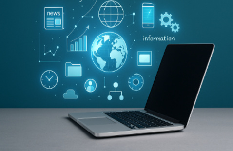 open laptop on the table with floating icons in the air