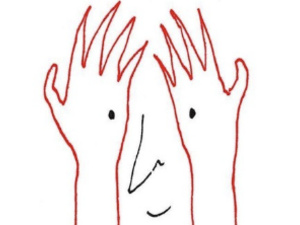 A red outline of hands with a face peering through them.