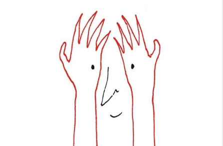 A red outline of hands with a face peering through them.