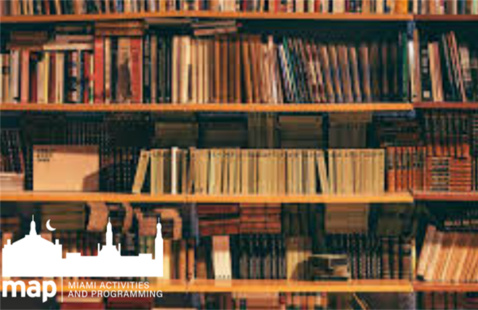 shelves of books with the MAP logo.