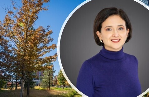 Image of Dr. Pauline Velasquez superimposed over a photo of the Anschutz Campus in early fall. 