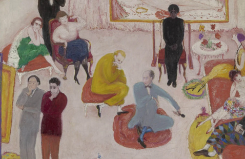 Salon scene with a dozen seated and standing figures in colorful dress and a large reclining nude painting on wall.