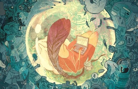 Woman with long braid reclined inside a glowing bubble using a laptop, surrounded by teal doodles of tech and social icons.