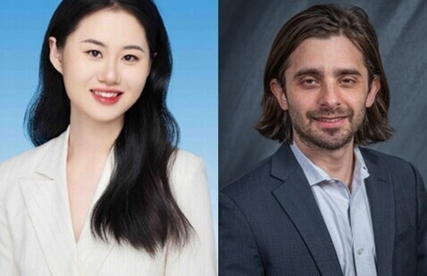 Two headshots side-by-side: woman in white blazer smiling on blue; man in gray suit smiling on dark gray