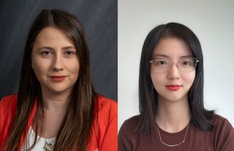 Two headshots: left woman with long brown hair in red blazer on dark background; right woman with glasses on light background