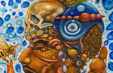 Will Kasso Condry, “Knight of Wands” - a tan skull emerges from a man's forehead with blue ovals and bees surrounding him. Many complex shapes and figure make up his skull. 