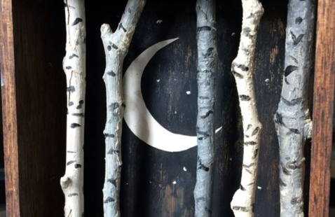 Several pale birch branches arranged vertically inside a dark wooden frame, with a white crescent moon shape visible behind them. The scene has a rustic, woodland-inspired decorative look.