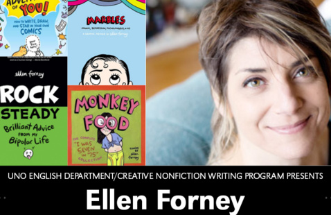 Flier showing Ellen Forney's headshot along with four covers of her books.