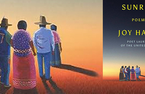 Illustration from cover of An American Sunrise by Joy Harjo featuring indigenous people facing a sunrise