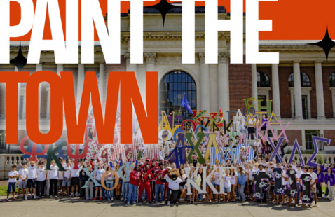 Big text "Paint the town" over a group photo of sorority and fraternity members holding up their Greek letters.