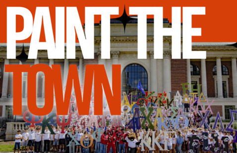Big text "Paint the town" over a group photo of sorority and fraternity members holding up their Greek letters.