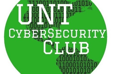 A green earth made of code with the white words "UNT Cybersecurity Club" in front.