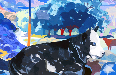 painted artwork of cow lying down and blue trees in background