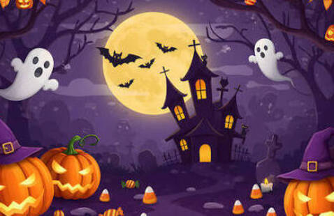 haunted house with ghosts and jack-o-lanterns