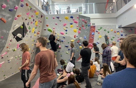 Students bouldering at the Boulder Bash.