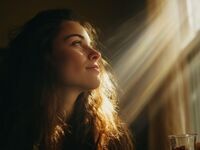 An individual reflecting on thoughts in a sunlit room